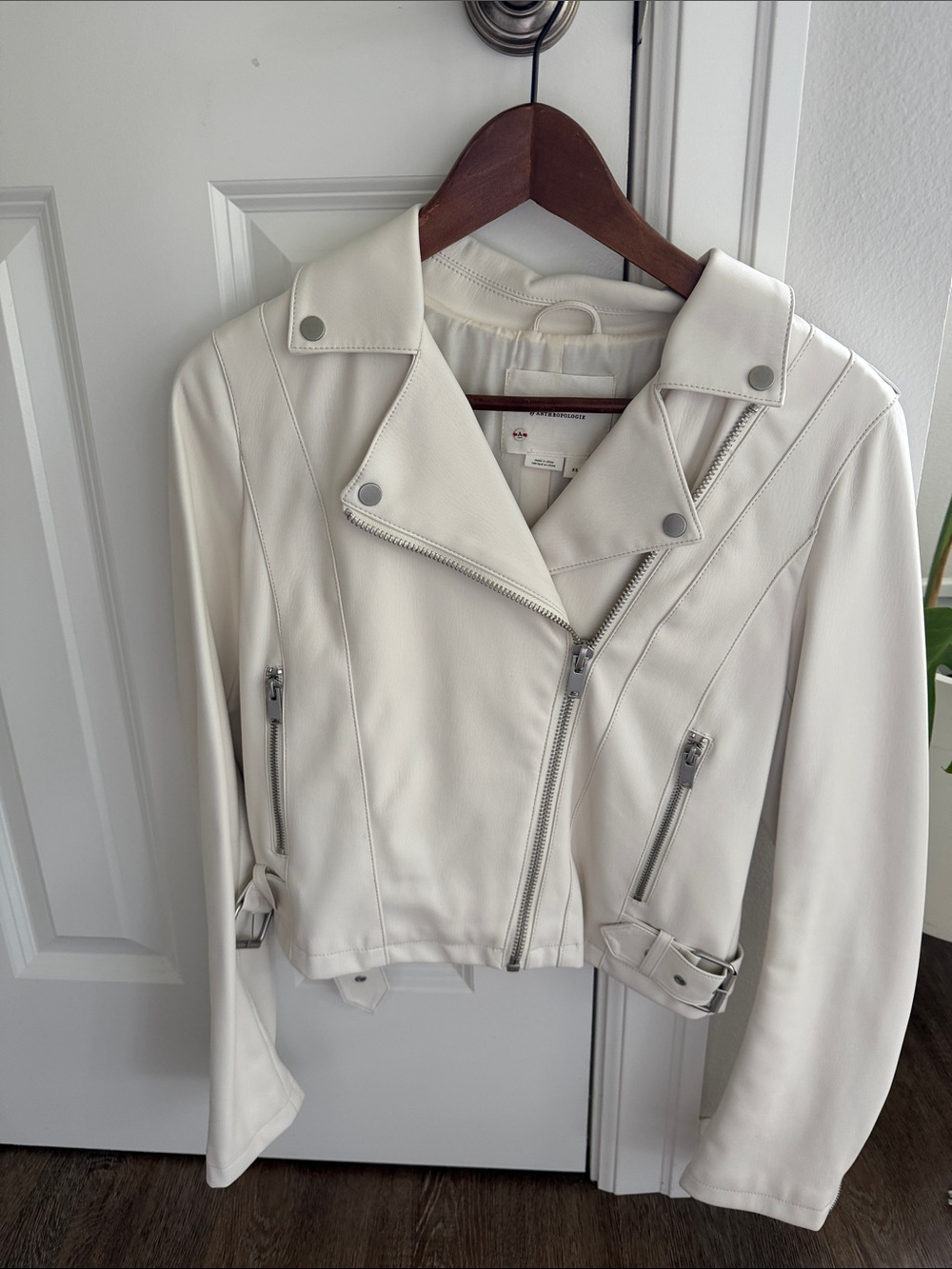 Anthropologie Cream Leather Moto Jacket with Silver Hardware